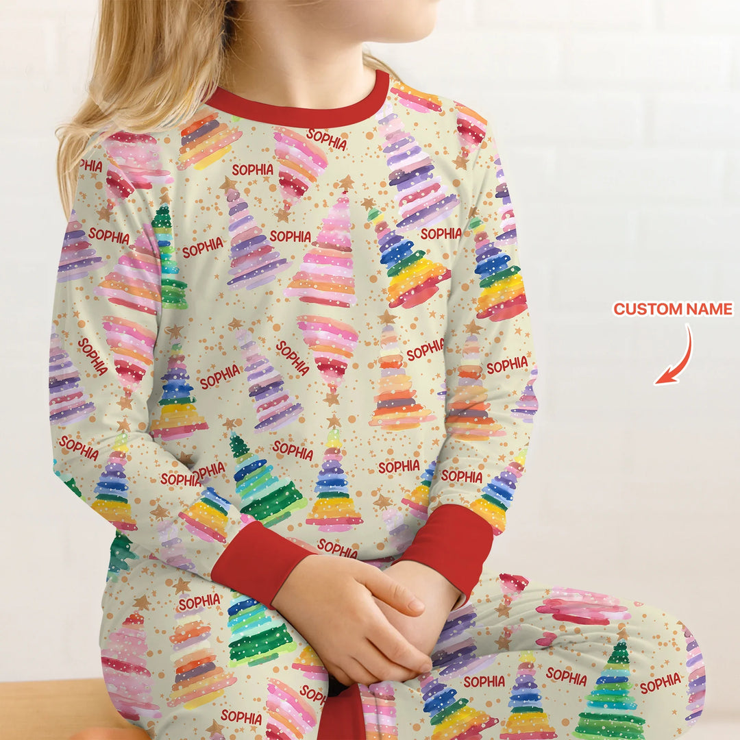 Personalized Twinkle Christmas Trees Two Piece Long Sleeve Pajama Set