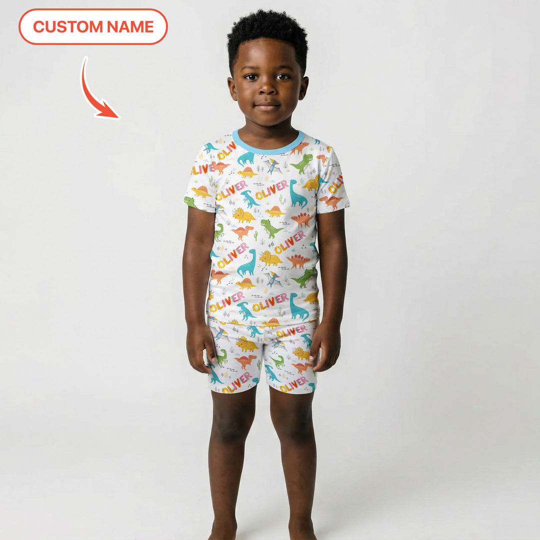 Dino Adventure Custom Name Two Piece Short Sleeve Shorts Pajama Set