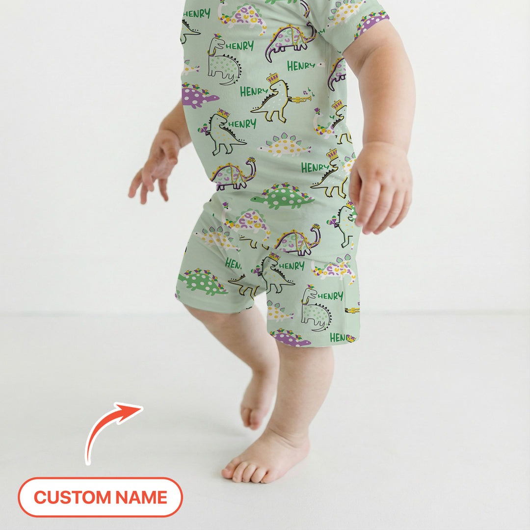 Custom Name Mardi Gras Saurus Two Piece Short Sleeve Shorts Pajama Set