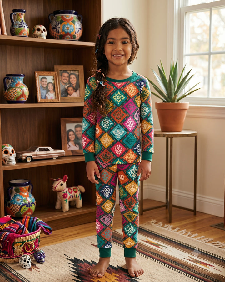 Day of the Dead Colorful Mexican Skull Bamboo Two Piece Long Sleeve Pajama Set