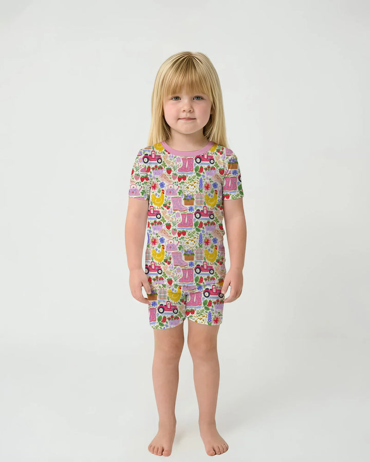 Pijama de dos piezas de bambú de manga corta con pantalón corto a juego para madre e hija de Farm Life