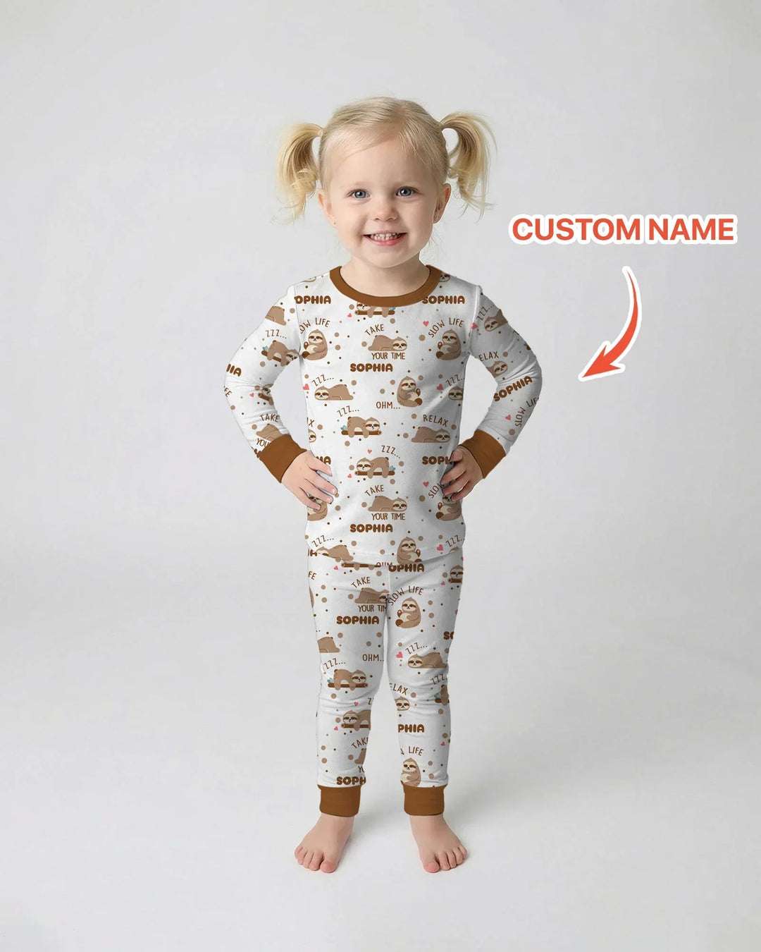 Custom Name Cute Sloth Two Piece Long Sleeve Pajama Set