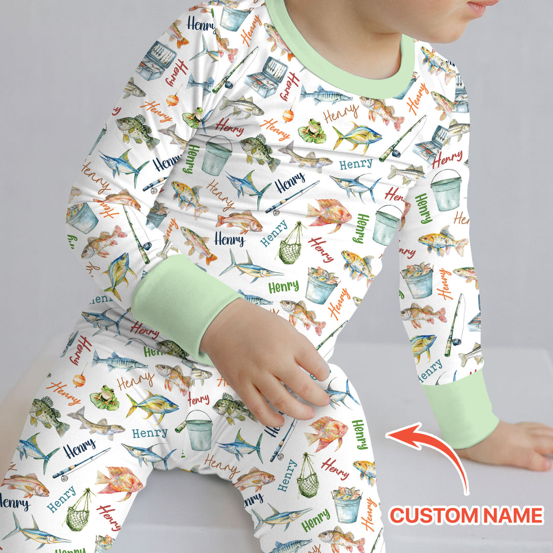 Happy Fishing Adventure Custom Name Two Piece Long Sleeve Pajama Set