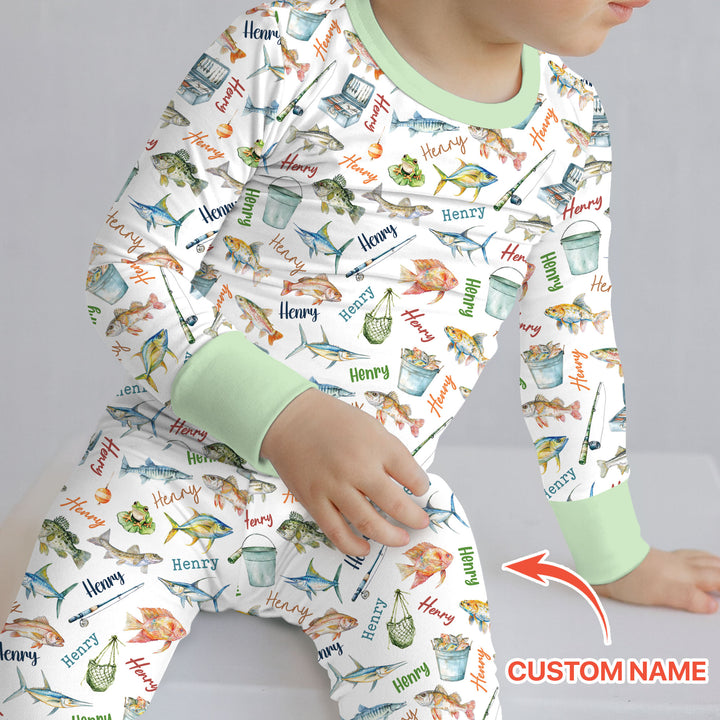 Happy Fishing Adventure Custom Name Two Piece Long Sleeve Pajama Set
