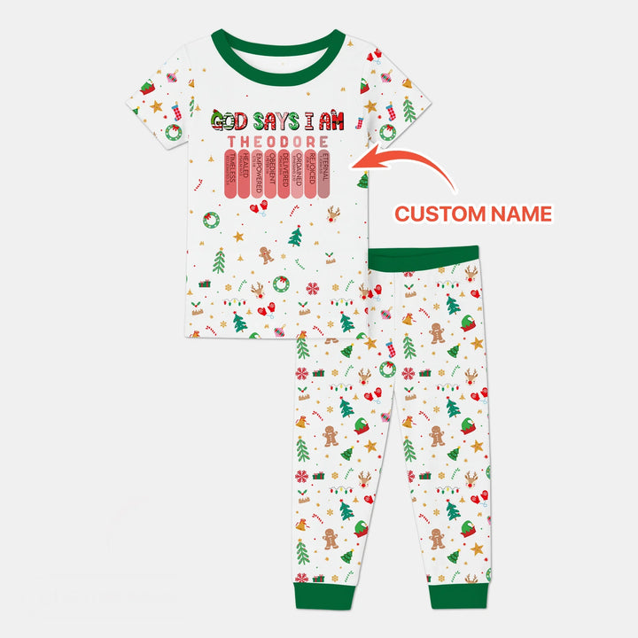 Christmas Blessings God Says I Am Custom Name Two Piece Short Sleeve Pajama Set , Christmas Blessings God Says I Am Custom Name Two Piece Short Sleeve Pajama Set - 12-18M