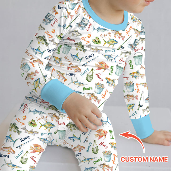 Happy Fishing Adventure Custom Name Two Piece Long Sleeve Pajama Set