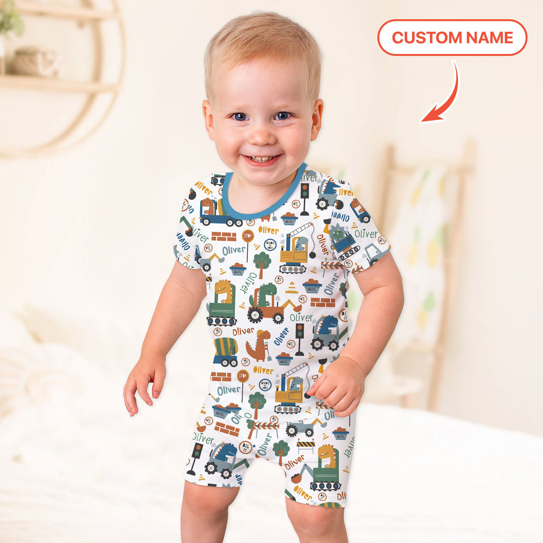 Custom Name Dino Diggers Two Piece Short Sleeve Shorts Pajama Set