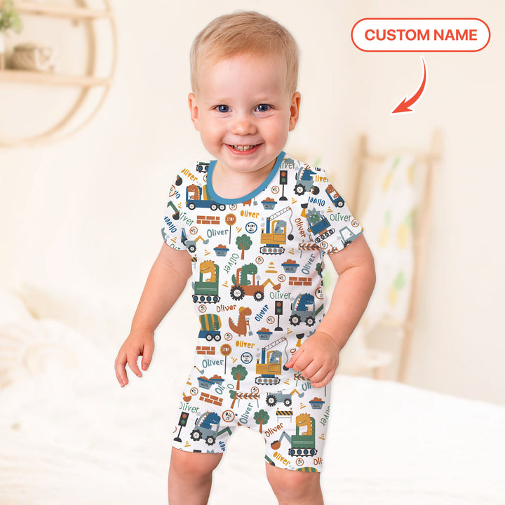 Custom Name Dino Diggers Two Piece Short Sleeve Shorts Pajama Set