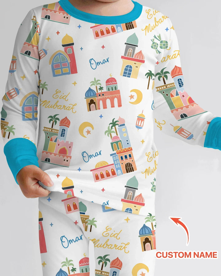 Eid Mubarak Custom Name Two Piece Long Sleeve Pajama Set