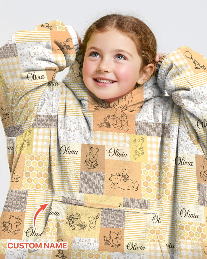 Personalized Classic Bear Patchwork  Bamboo Blanket Hoodie