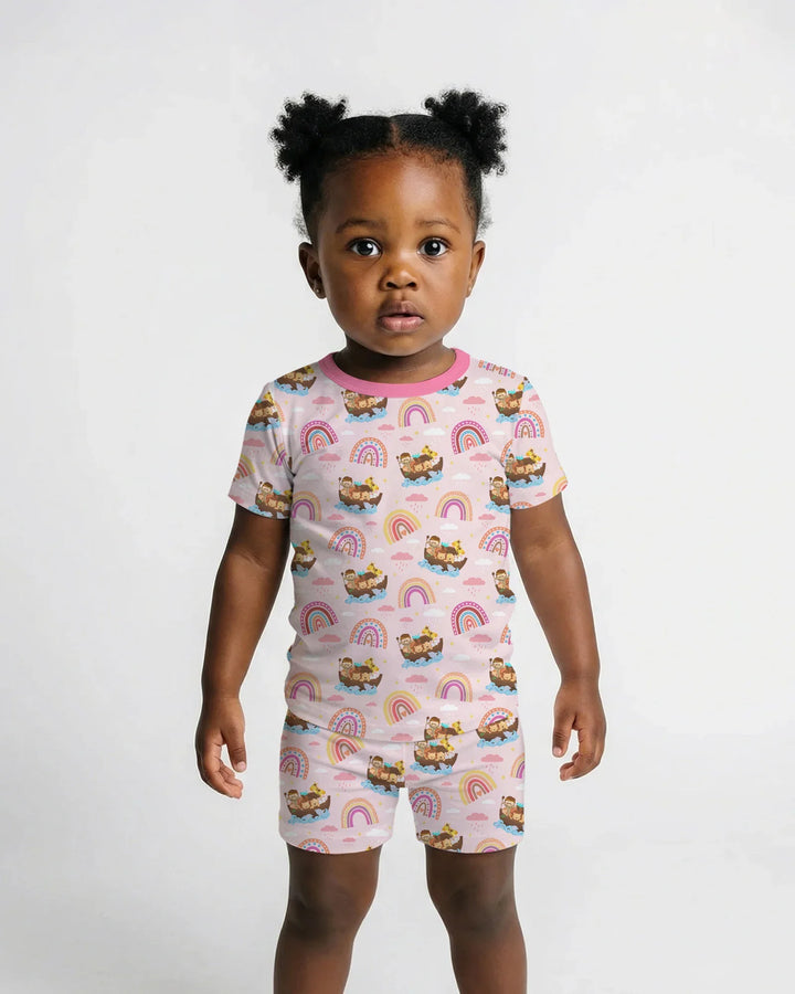 Conjunto de pijama de dos piezas de pantalón corto y manga corta "El Arca de Noé y la promesa del arcoíris de Dios"
