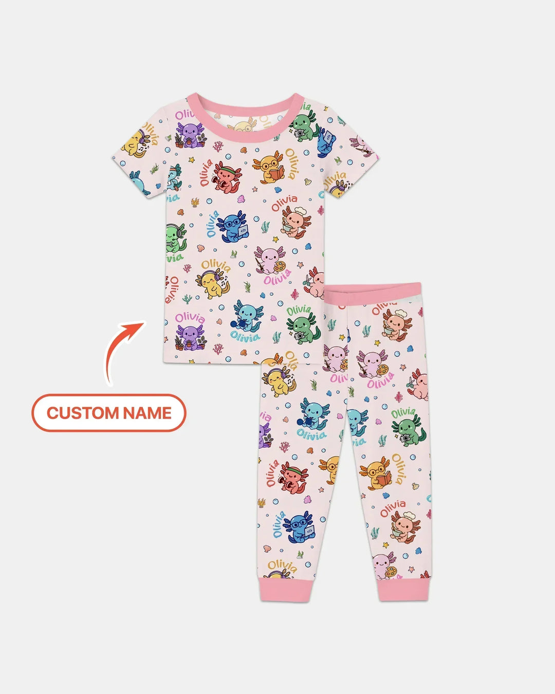 Custom Name Cute Hobby Axolotl Two Piece Short Sleeve Pajama Set