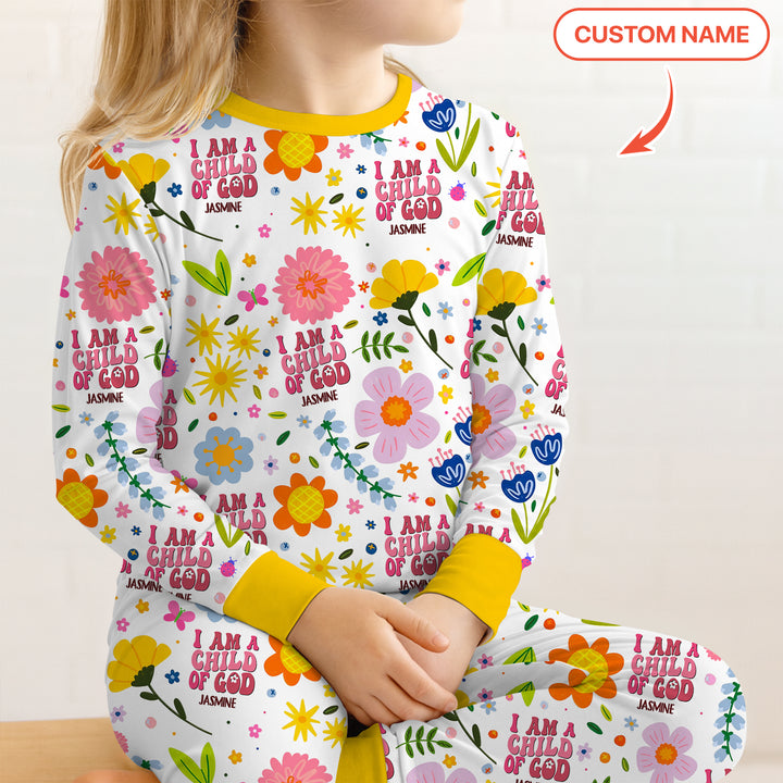 I Am A Child Of God Custom Name Girl  Two Piece Long Sleeve Pajama Set
