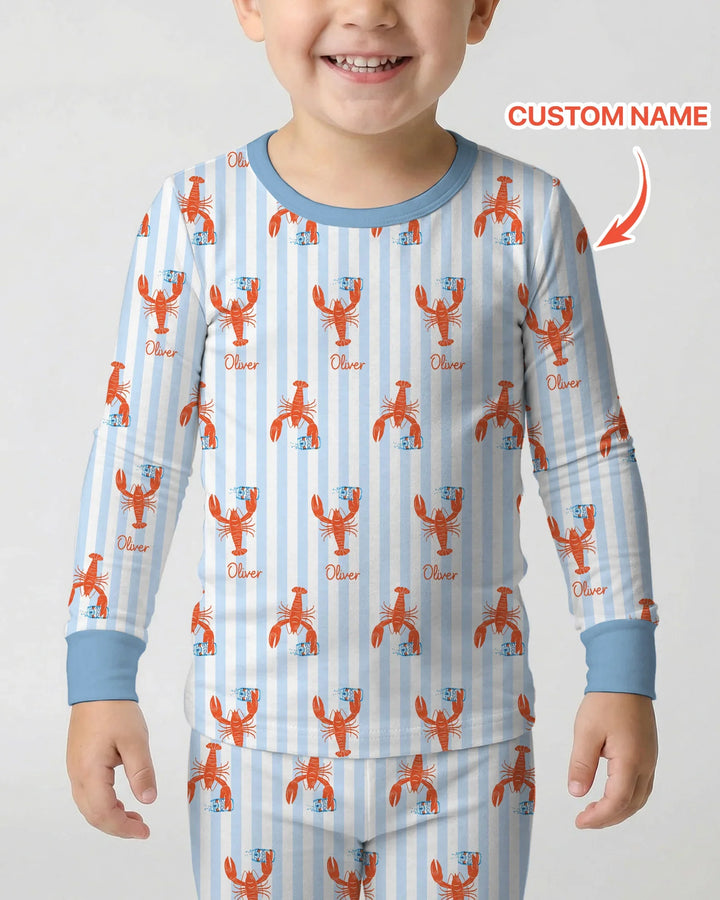 Conjunto de pijama de dos piezas de bambú de manga larga con nombre personalizado, diseño de cerveza y cangrejo de río