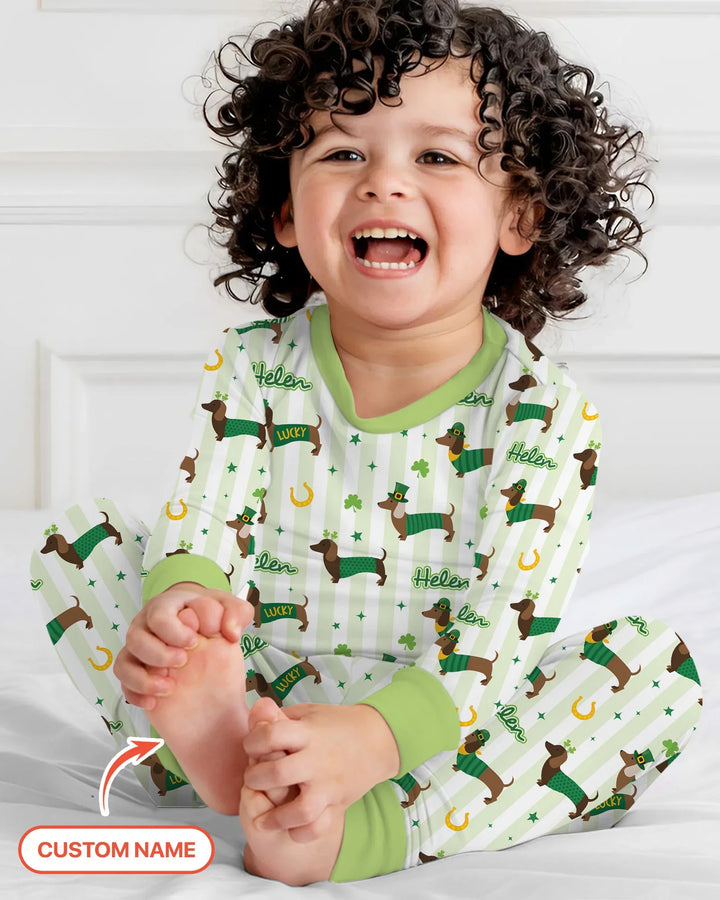 Lucky Dachshunds St. Patrick's Day Family Matching Two Piece Long Sleeve Pajama Set