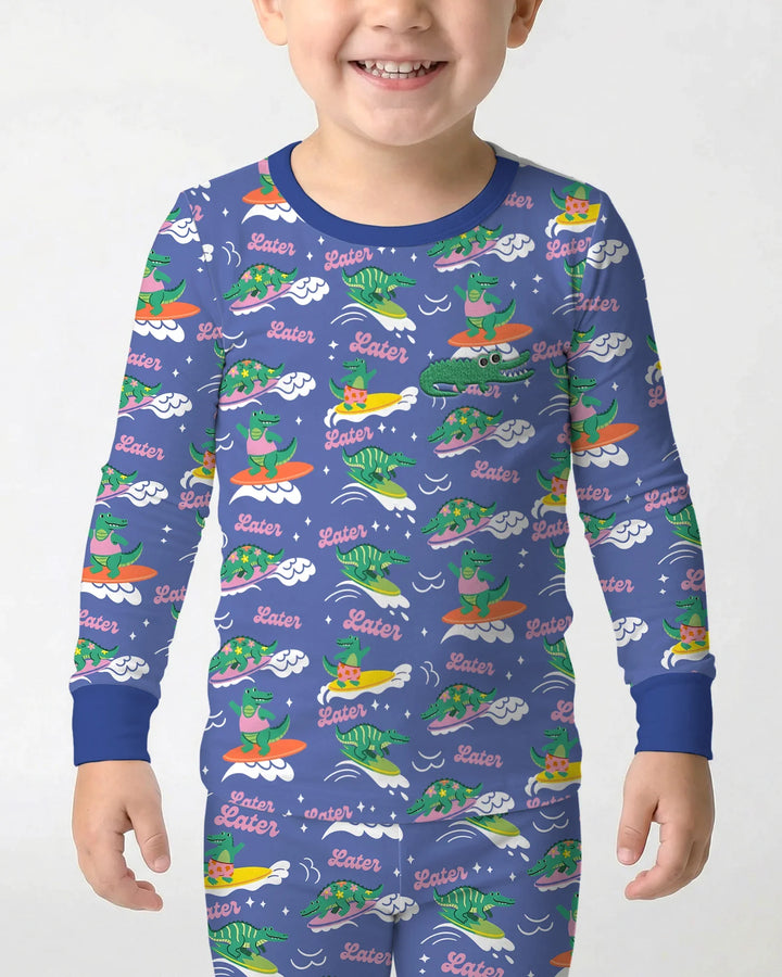 Conjunto de pijama de dos piezas de bambú de manga larga con cocodrilo bordado para verano