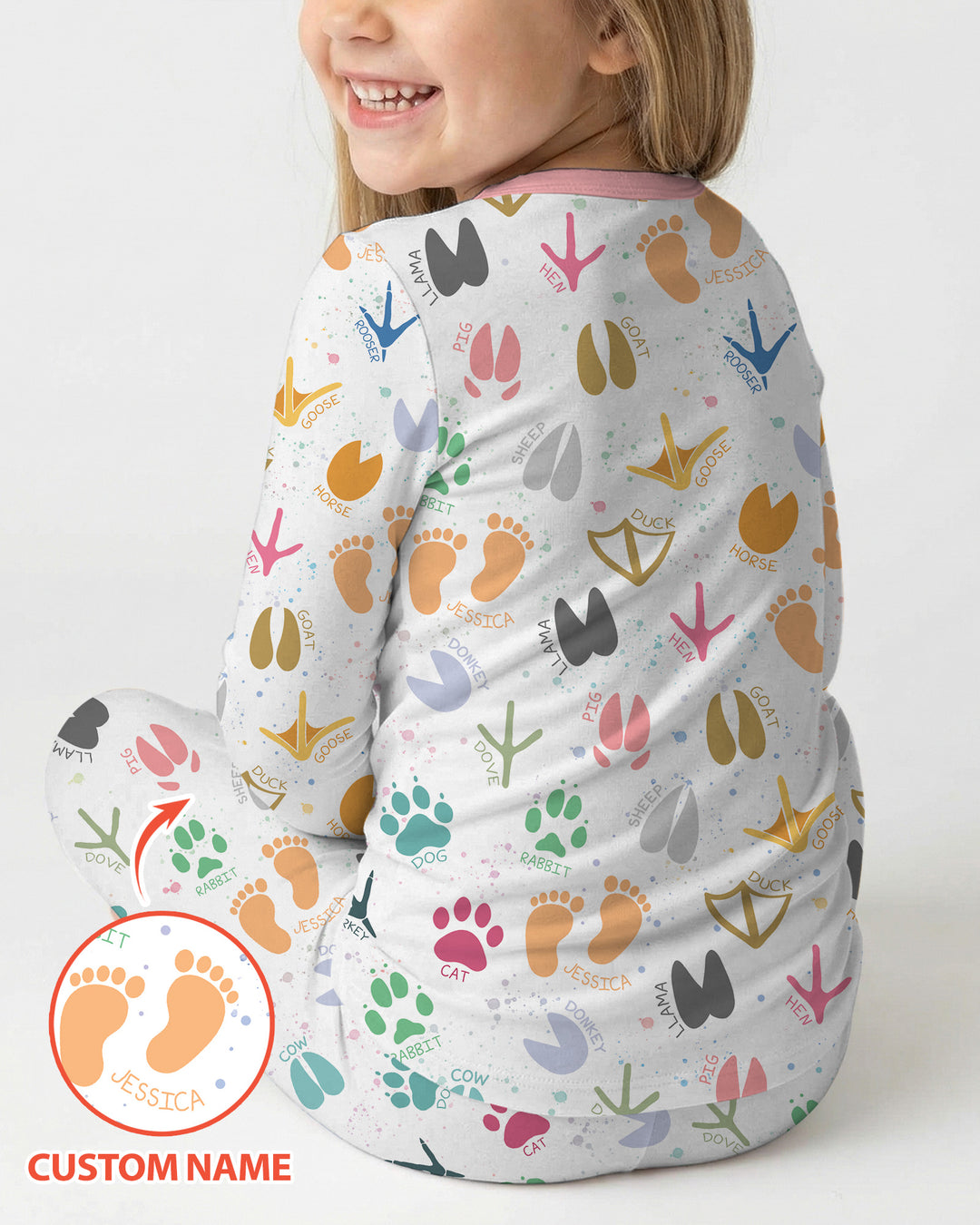 Cute Farm Animal Tracks Custom Name Bamboo Two Piece Long Sleeve Pajama Set