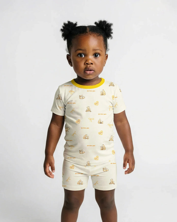 Sweat Yellow Mama Bear Two Piece Short Sleeve Shorts Pajama Set