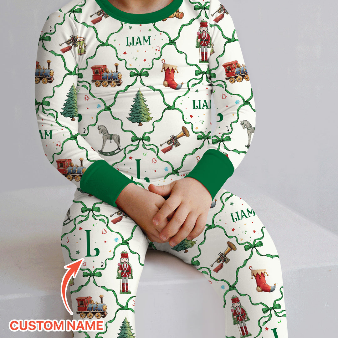 Vintage Christmas Toy Custom Name Boy Two Piece Long Sleeve Pajama Set