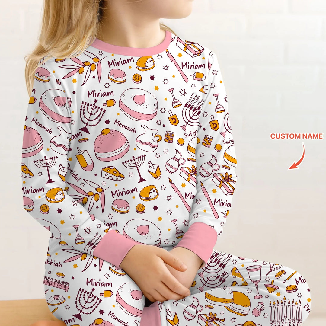 Happy Hanukkah Doodles Custom Name Family Matching Two Piece Long Sleeve Pajama Set