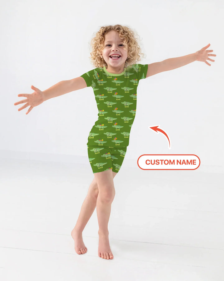 Custom Name Mardi Gras Gator Two Piece Short Sleeve Shorts Pajama Set