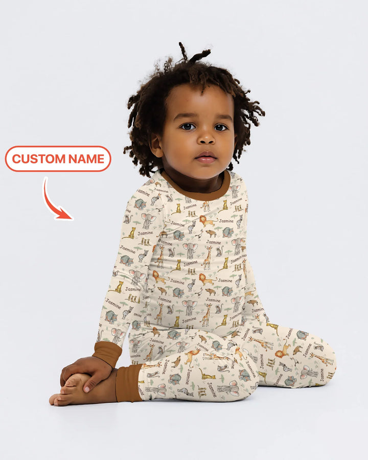 Safari Friends Custom Name Two Piece Long Sleeve Pajama Set