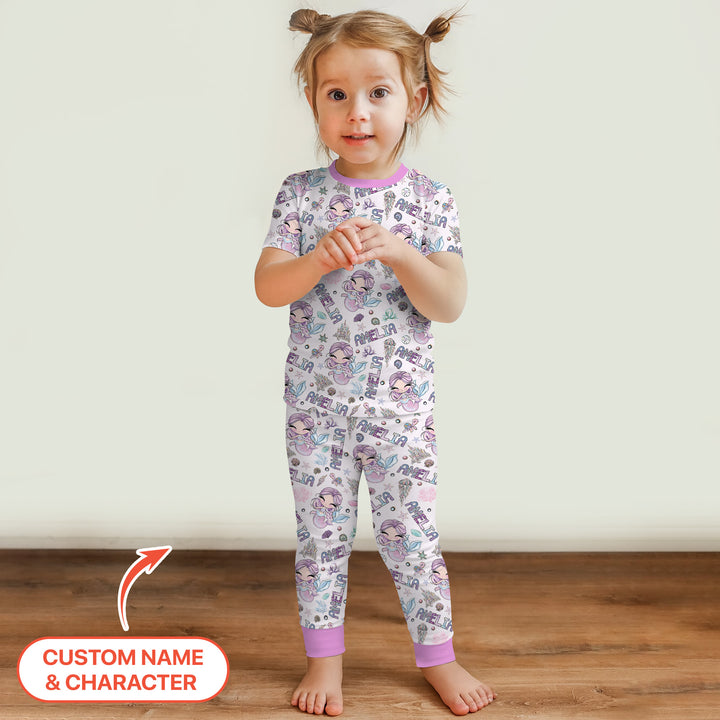 Custom Name Doodle Little Mermaid Two Piece Short Sleeve Pajama Set