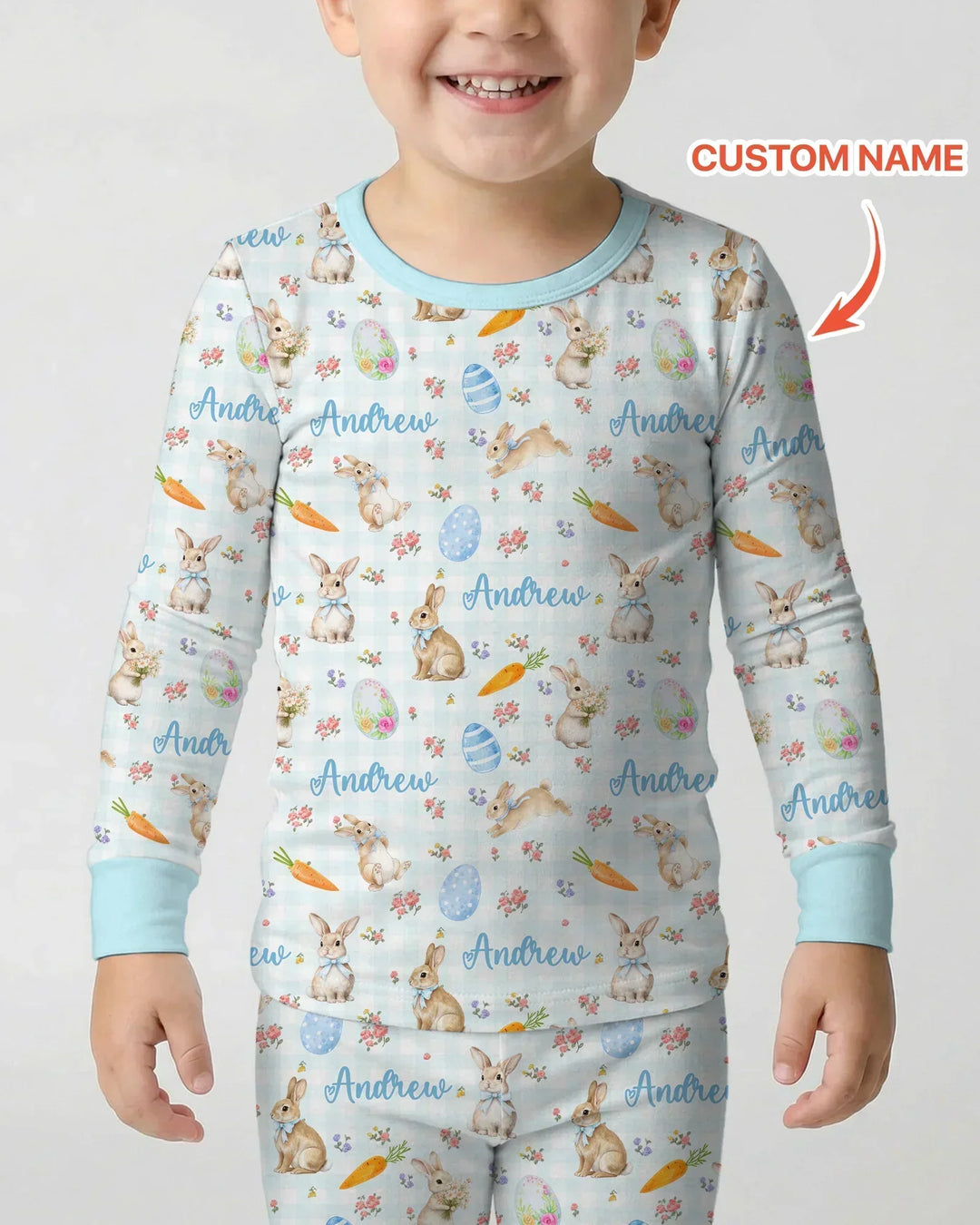 Custom Name Bunny Garden Two Piece Long Sleeve Pajama Set