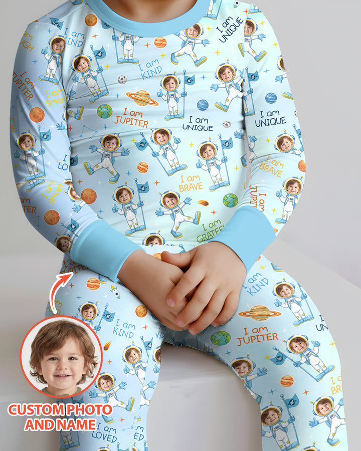 Custom Photo Kid Affirmations I Am Kind Astronaut Bamboo Two Piece Long Sleeve Pajama Set