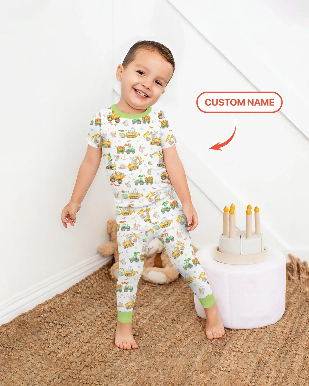 Easter Construction Vehicles Custom Name Two Piece Short Sleeve Pajama Set