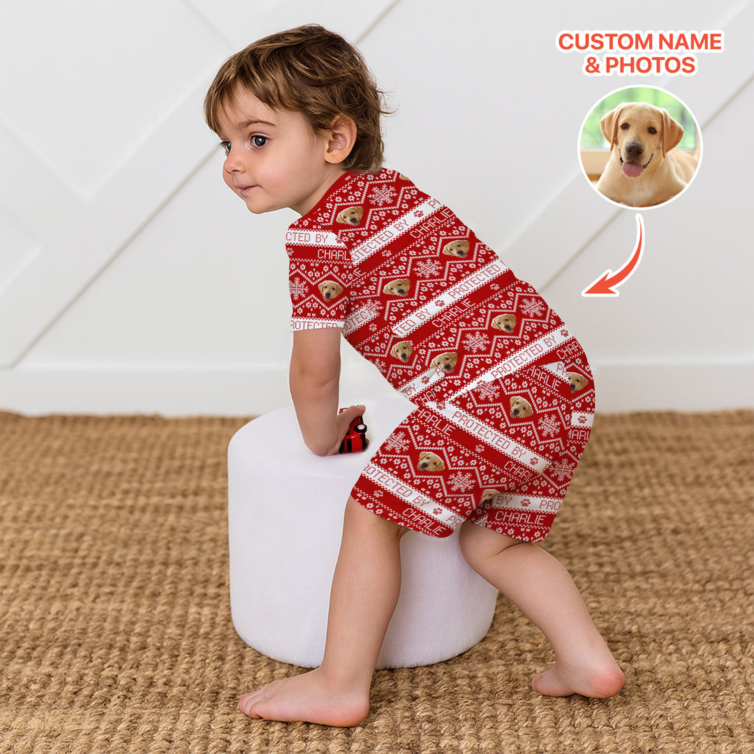 Custom Dog Photo Fair Isle Christmas Two Piece Short Sleeve Shorts Pajama Set