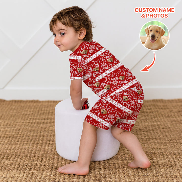 Custom Dog Photo Fair Isle Christmas Two Piece Short Sleeve Shorts Pajama Set