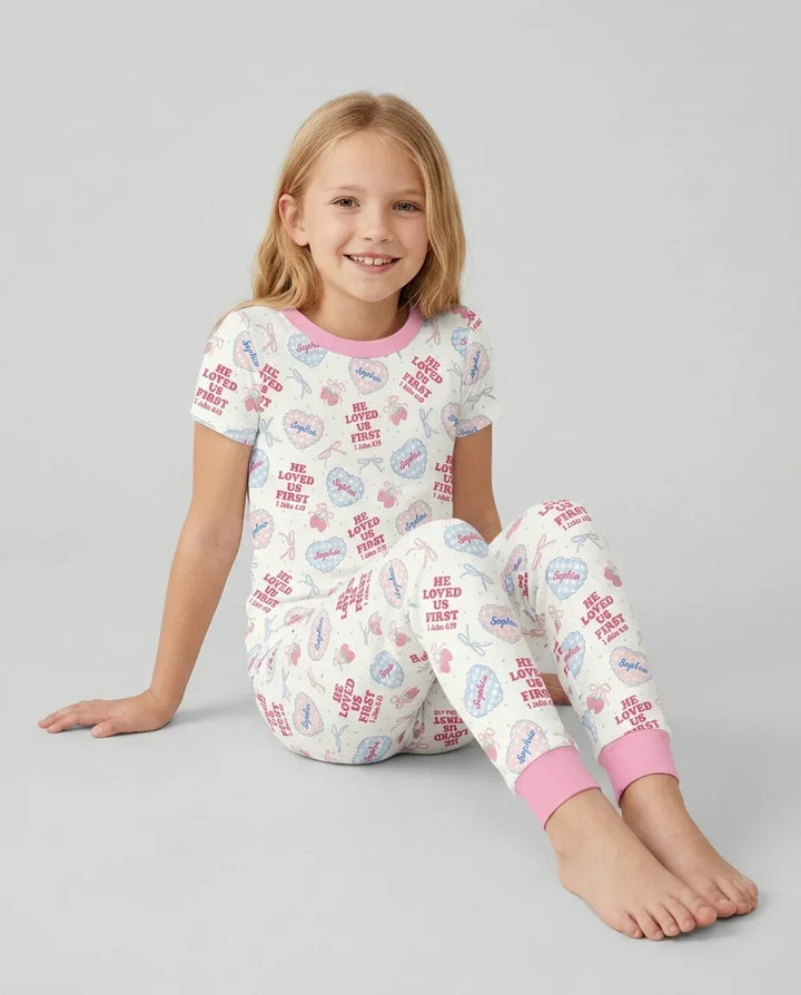 He Loved Us First Custom Name Bamboo Two Piece Short Sleeve Pajama Set