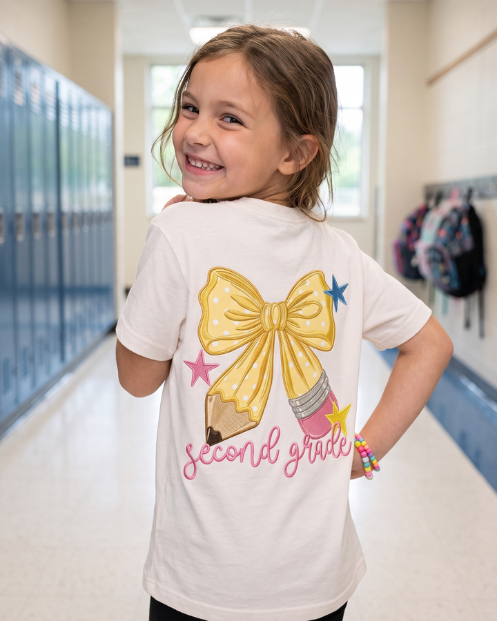 Custom Name And Grade Pencil Bow Applique Embroidered Bamboo Crewneck T-Shirt