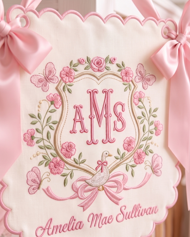 Sweet Garden Duckling Personalized Embroidered Baby Name Banner