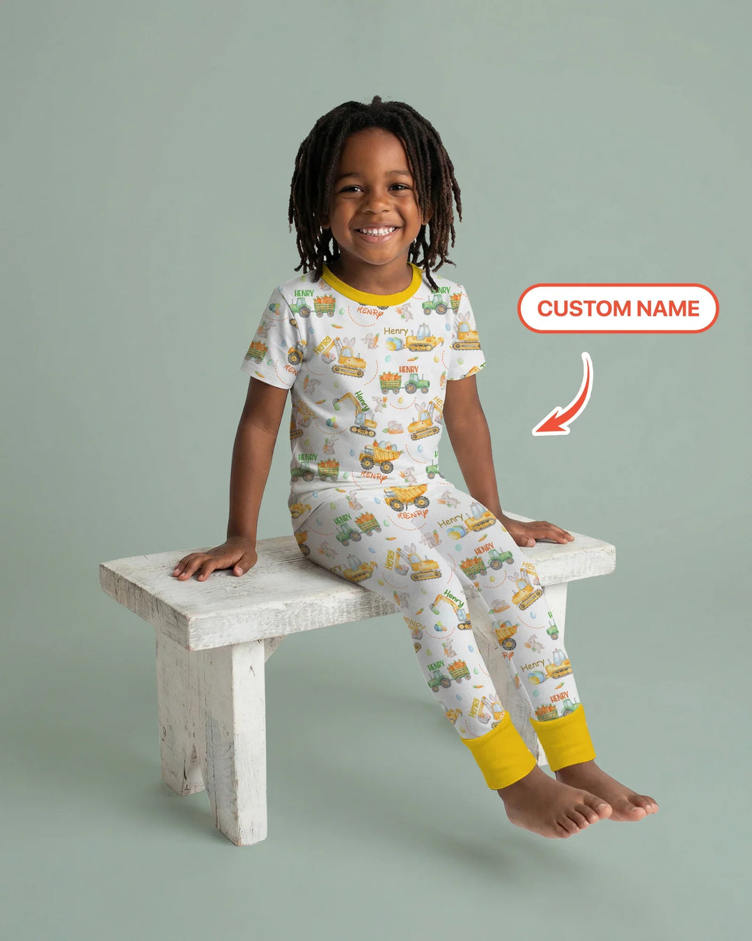 Easter Construction Vehicles Custom Name Two Piece Short Sleeve Pajama Set