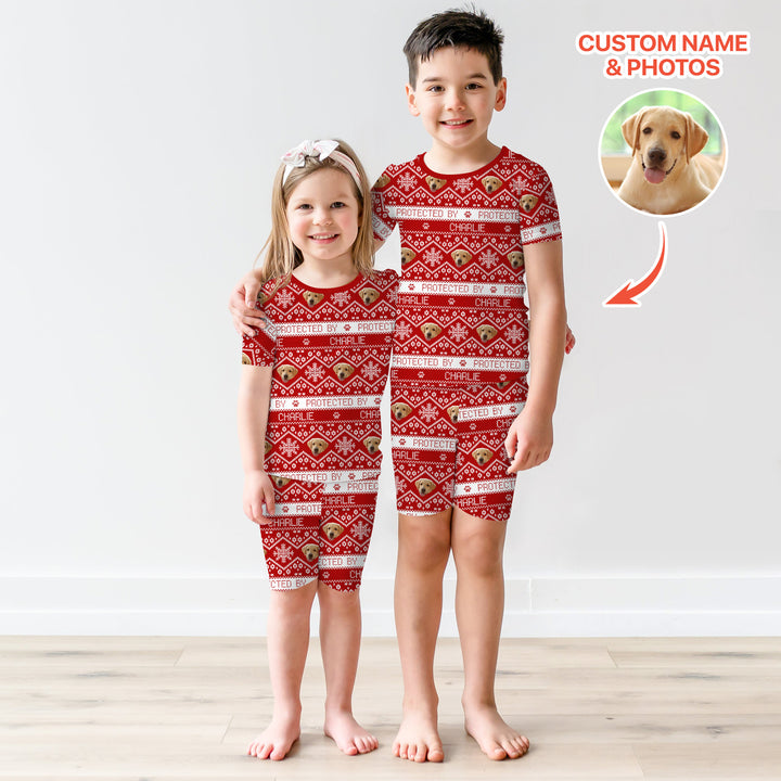 Custom Dog Photo Fair Isle Christmas Two Piece Short Sleeve Shorts Pajama Set