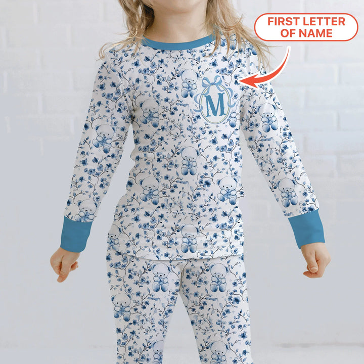 Custom Blue Chinoiserie Teddy Two Piece Long Sleeve Pajama Set , Custom Blue Chinoiserie Teddy Two Piece Long Sleeve Pajama Set - 12-18M
