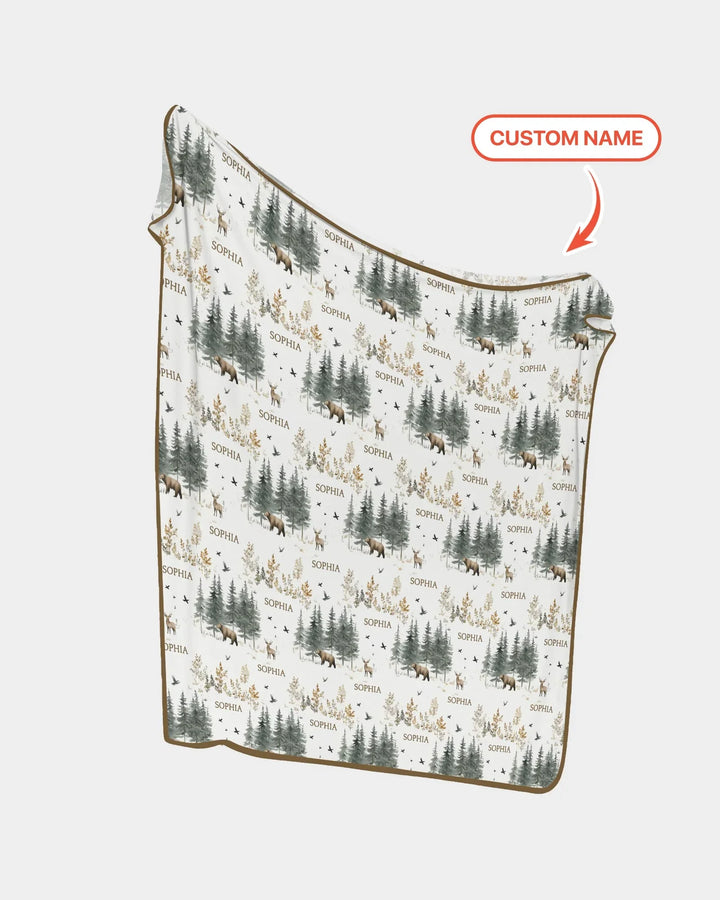 Manta de bambú personalizada con nombre, bosque, oso, ciervo
