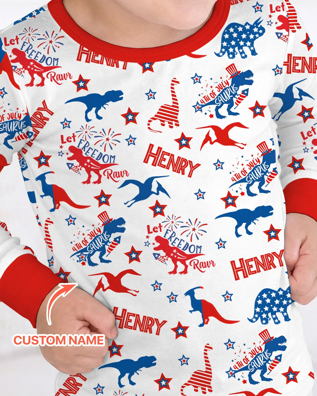 Custom Name Patriotic Dinosaur Bamboo Two Piece Long Sleeve Pajama Set