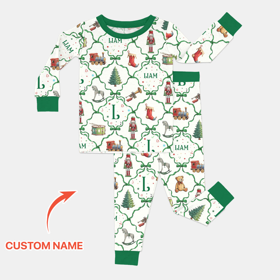 Vintage Christmas Toy Custom Name Boy Two Piece Long Sleeve Pajama Set