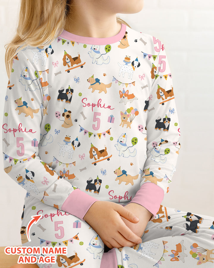 Custom Name Birthday Dogs Party Bamboo Two Piece Long Sleeve Pajama Set