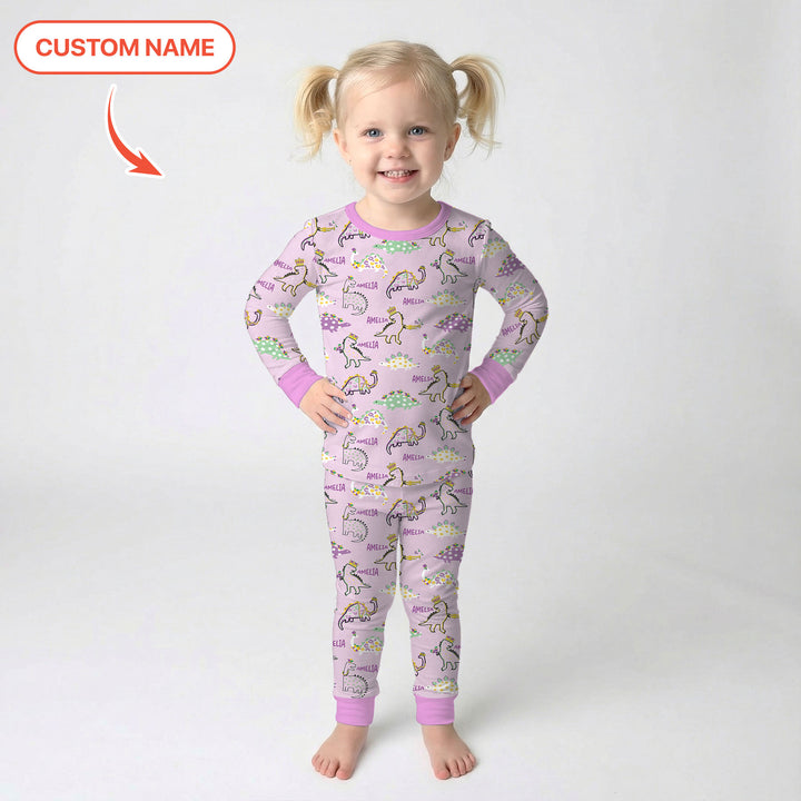 Custom Name Mardi Gras Saurus Two Piece Long Sleeve Pajama Set