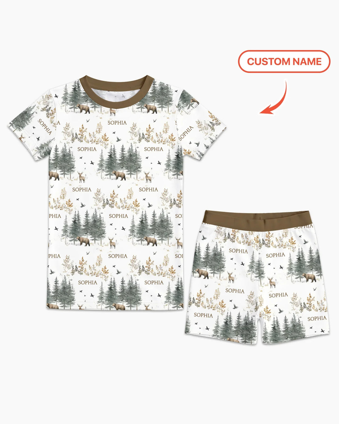 Conjunto de pijama de dos piezas con pantalones cortos y manga corta, oso de bosque, ciervo, bambú, nombre personalizado