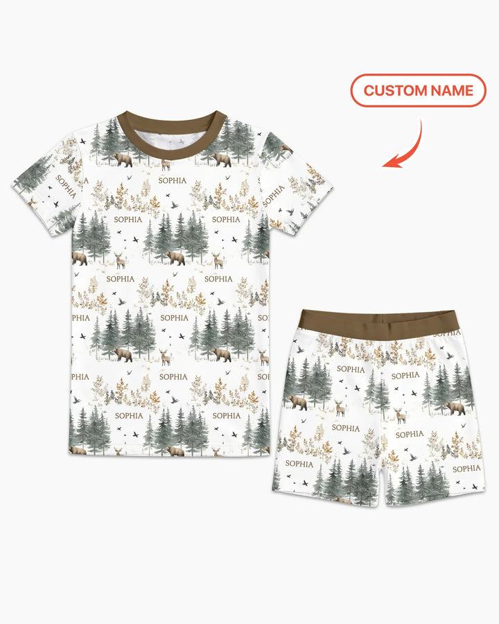 Conjunto de pijama de dos piezas con pantalones cortos y manga corta, oso de bosque, ciervo, bambú, nombre personalizado