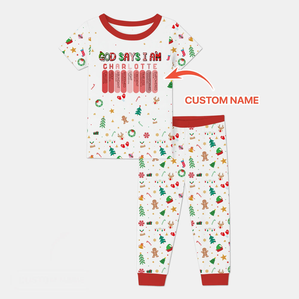 Christmas Blessings God Says I Am Custom Name Two Piece Short Sleeve Pajama Set , Christmas Blessings God Says I Am Custom Name Two Piece Short Sleeve Pajama Set - 12-18M
