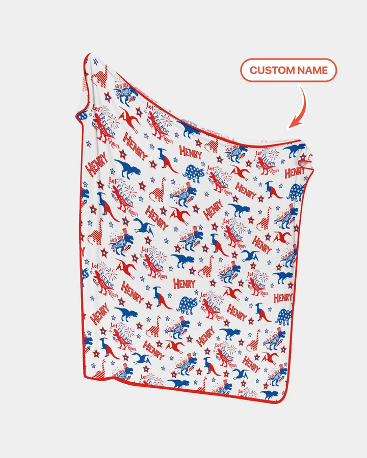 Custom Name Patriotic Dinosaur Bamboo Blanket