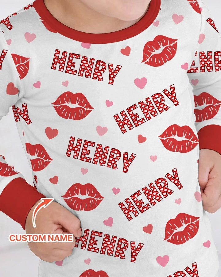 Custom Name Valentine Kiss Two Piece Long Sleeve Pajama Set