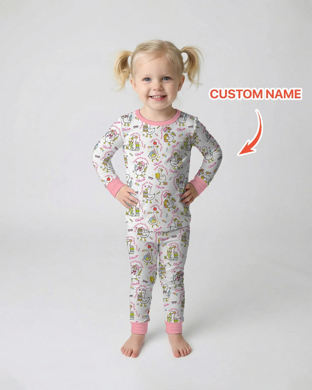 Custom Name Goose Happy 100 Days Of School Two Piece Long Sleeve Pajama Set
