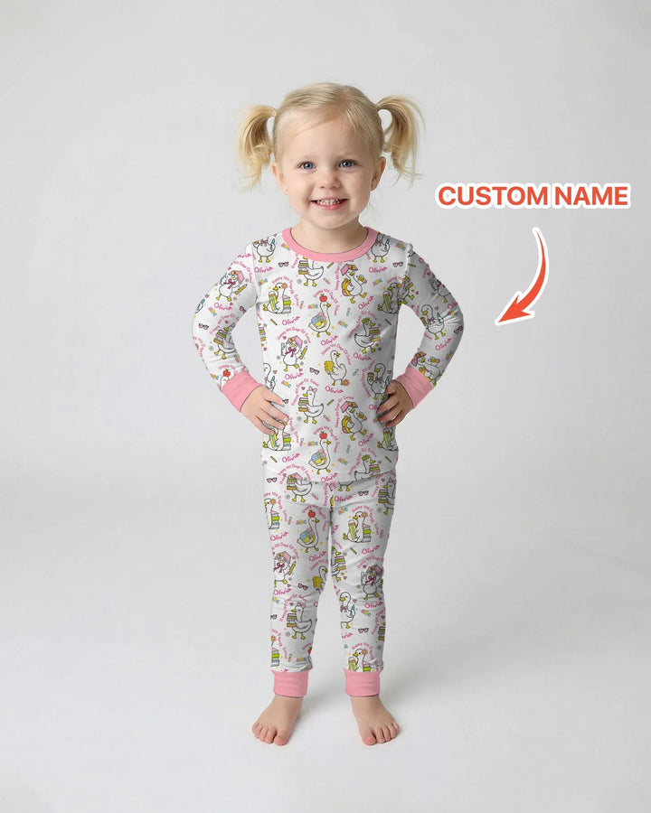 Custom Name Goose Happy 100 Days Of School Two Piece Long Sleeve Pajama Set